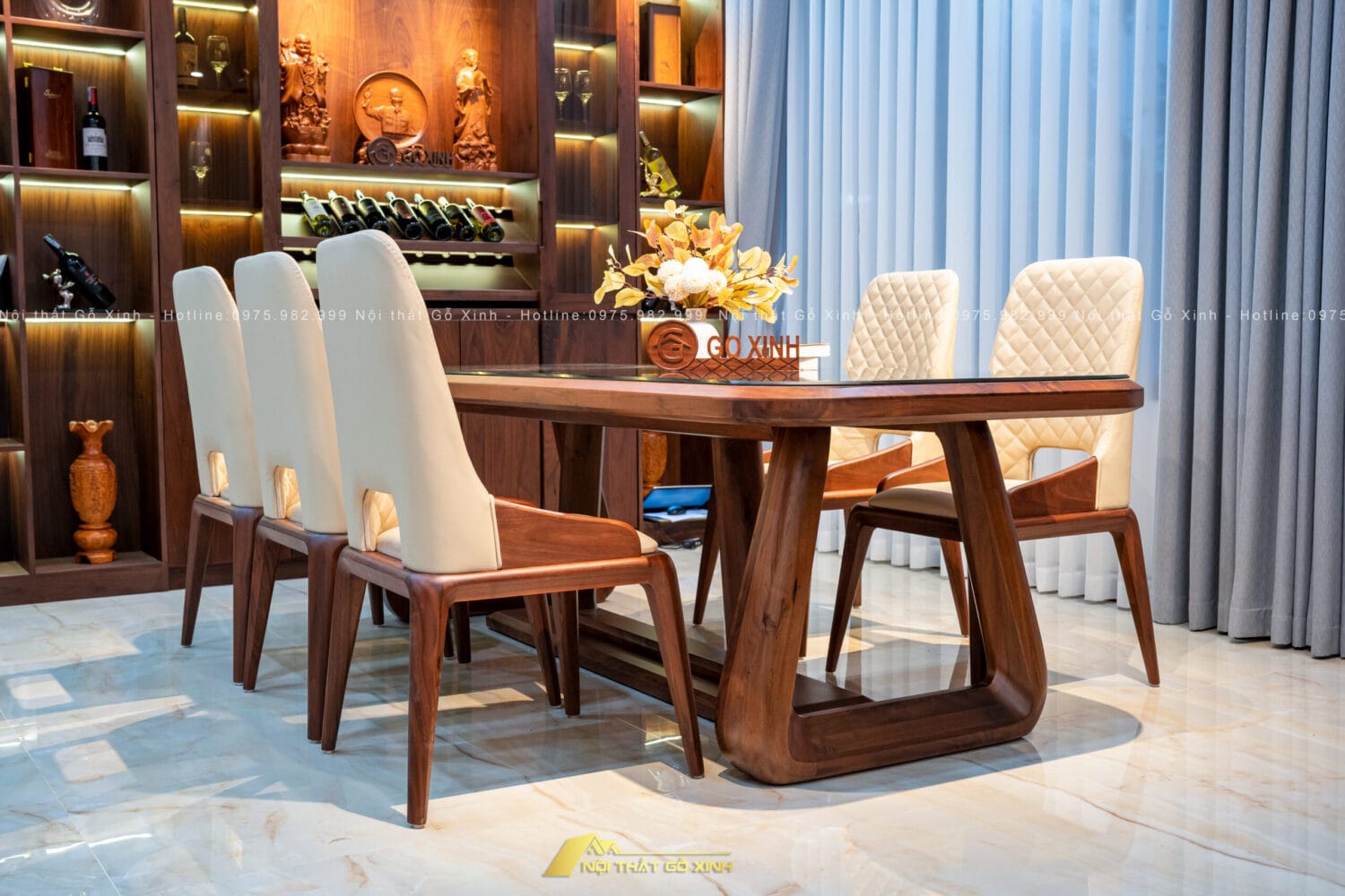 Bộ bàn ăn gỗ óc chó ấm cùng cho không gian gia đình