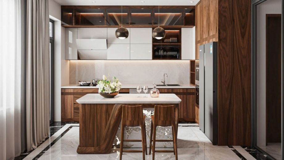 Bàn đảo gỗ óc chó kết hợp với vặt liệu khác 