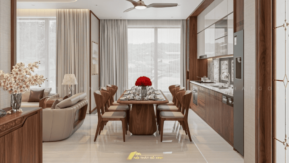 Bộ bàn ăn gỗ óc chó cho gia đình 