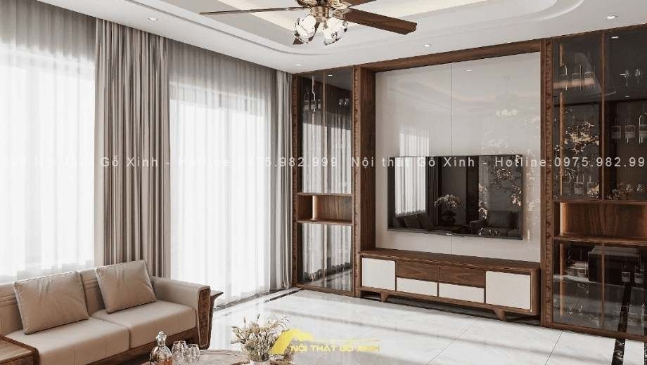 Kệ ti vi ốp vách gỗ óc chó 