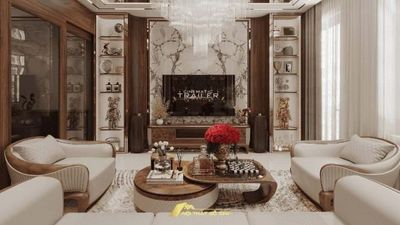 Mẫu thiết kế phòng khách gỗ óc chó sang trọng