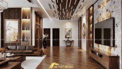 Gợi ý thiết kế phòng khách chung cư sang trọng với gỗ óc chó