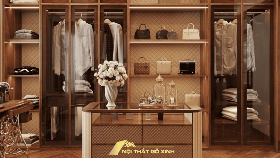 Tủ gỗ óc chó cao sát tường tận dụng không gian lưu trữ 