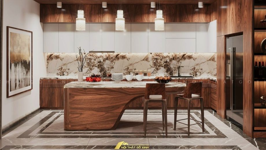 Bàn đảo gỗ óc chó giúp thuận tiện trong nấu ăn 