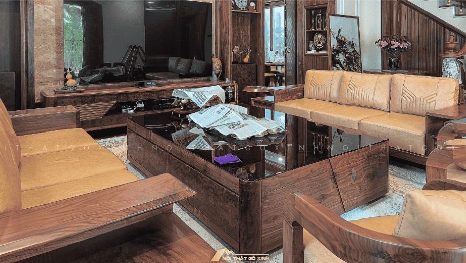Bàn trà óc chó kết hợp hộc tủ lưu trữ 