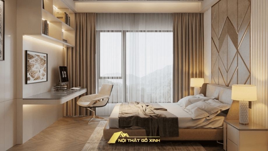 Đèn ngủ đầu giường đặt cân xứng hai bên 