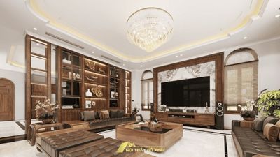 Đơn vị thiết kế phòng khách gỗ óc chó tại Hà Nội