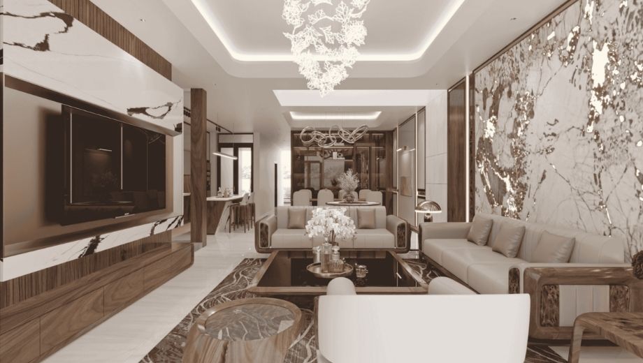 Ghế sofa gỗ óc chó trong phòng khách chung cư
