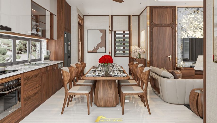 Hướng đặt bàn ăn gỗ óc chó hợp mệnh Kim