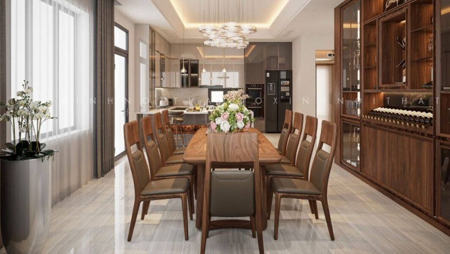 Hướng đặt bàn ăn gỗ óc chó hợp mệnh Thủy