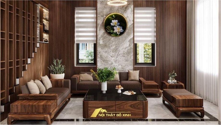 Phòng khách chung cư với ghế sofa gỗ óc chó