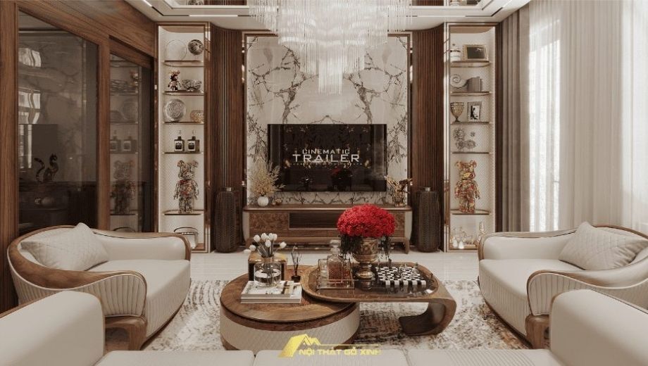 Phòng khách gỗ óc chó  với phong cách tân cổ điển 
