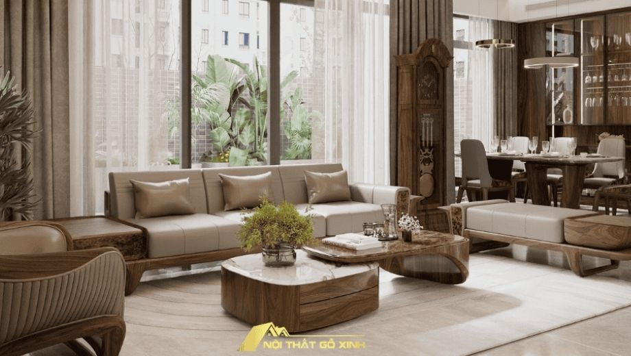 Phòng khách và phòng bếp gỗ óc chó liền kề nhau 