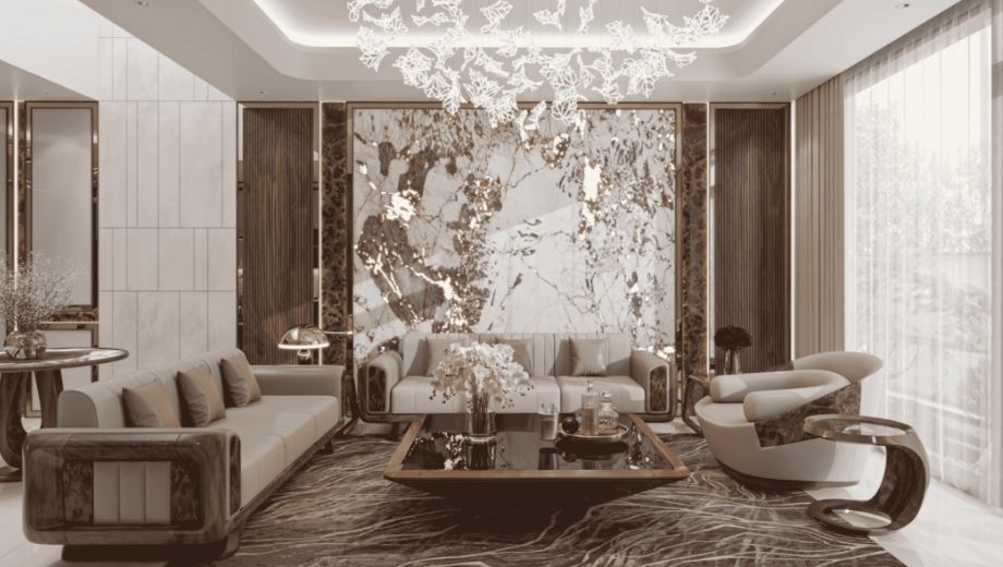 Phòng khách với sofa gỗ óc chó 