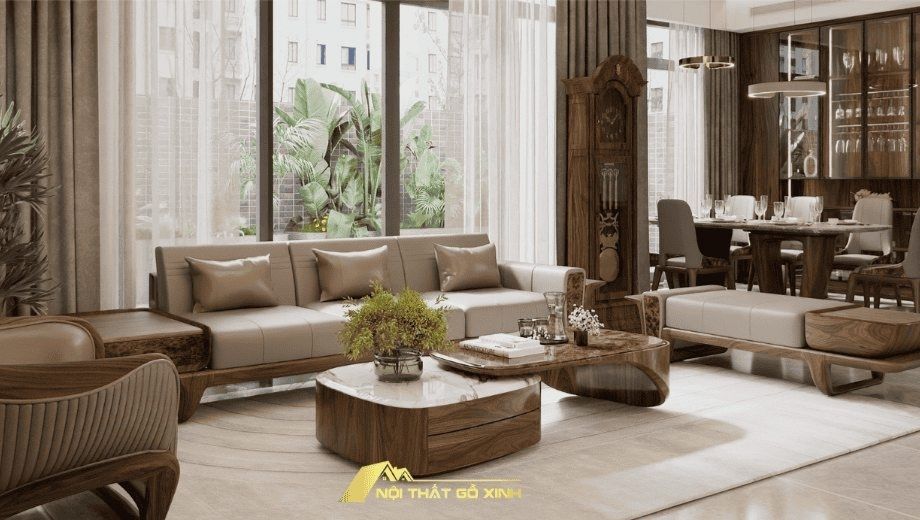 Phòng khách với thiết kế bằng gỗ óc chó