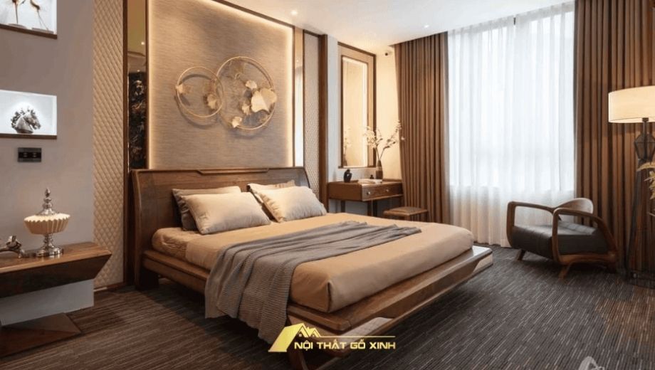 Phòng ngủ biệt thự nội thất gỗ óc chó sang trọng và ấm áp