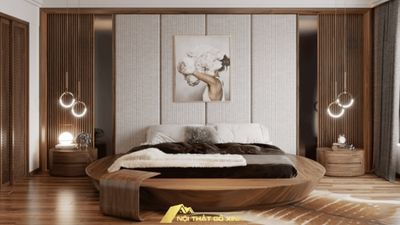 Hướng đặt đèn ngủ kết hợp với nội thất gỗ óc chó giúp giấc ngủ sâu