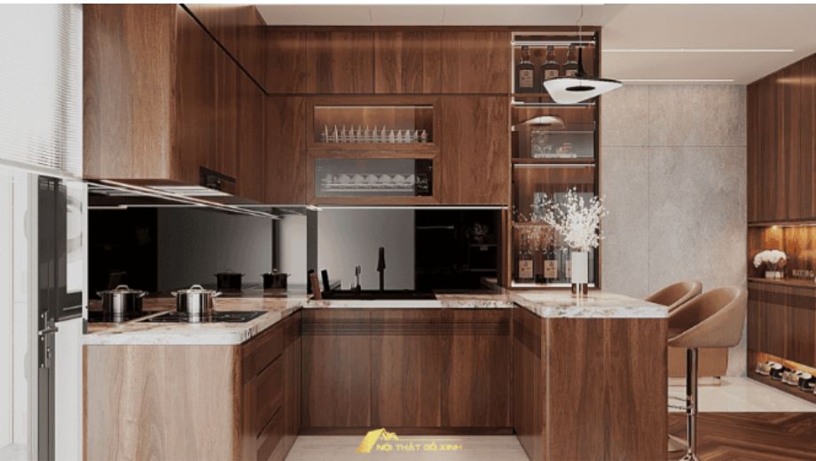 Tủ bếp gỗ óc chó chữ L 