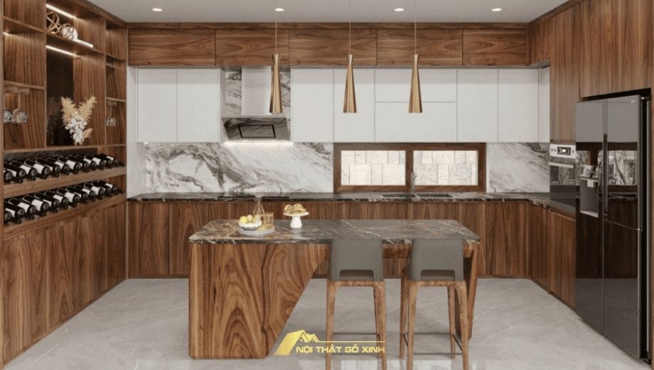Tủ bếp gỗ óc chó hiện đại tiện nghi 