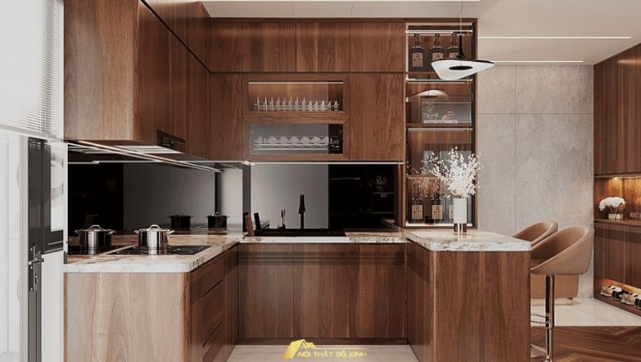 Tủ bếp gỗ óc chó hướng sáng tự nhiên 