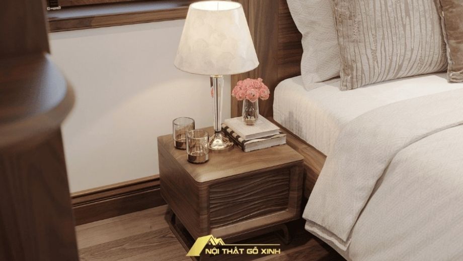 Tủ đầu giường kết hợp đèn ngủ trong phòng ngủ gỗ óc chó 