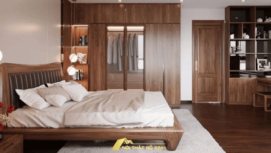 Tủ quần áo gỗ óc chó kết hợp nội thất khác tạo sự hài hòa 