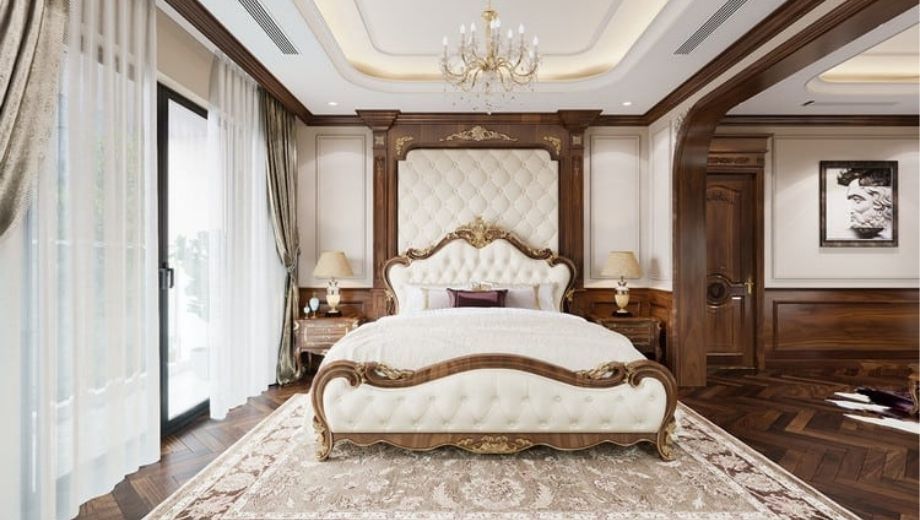 Giường ngủ gỗ óc chó bọc da sự giao thoa tự nhiên và sang trọng 