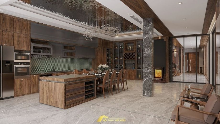 Không gian mở giữa phòng bếp và phòng ăn gỗ óc chó 
