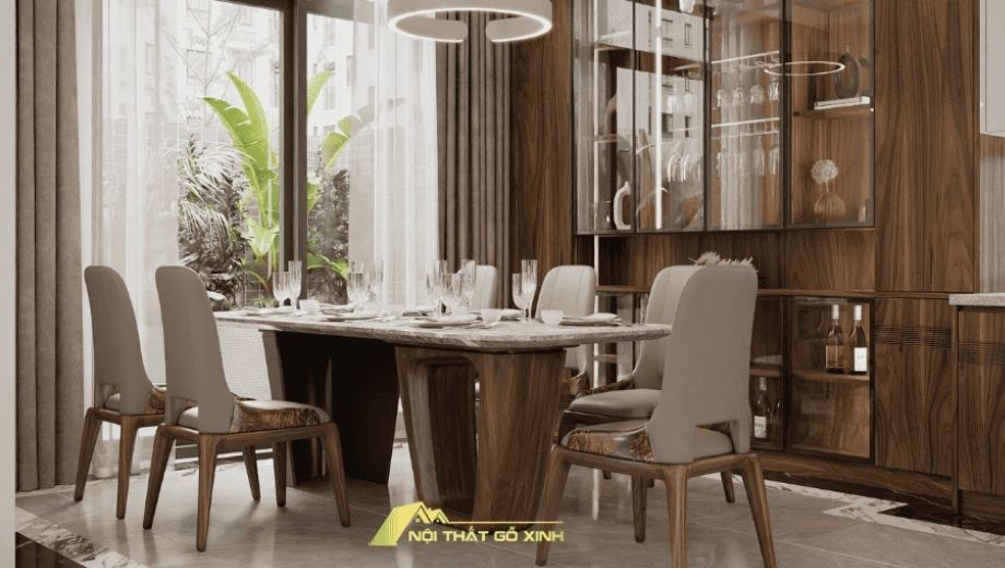 Phòng bếp gỗ óc chó trái tim của biệt thự 