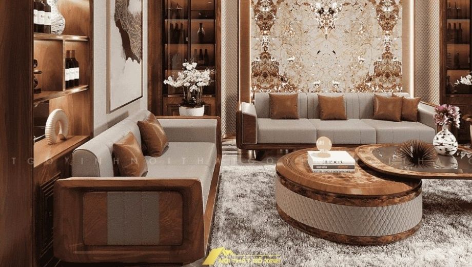 Phòng khách óc chó kết hợp màu be và kem 