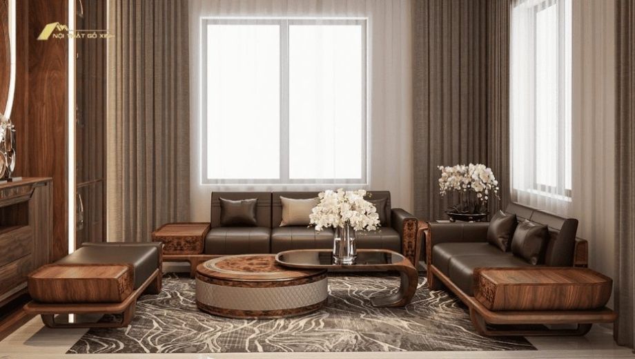 Phòng khách gỗ óc chó sang trọng và tinh tế 