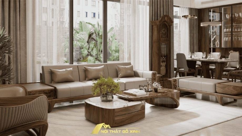 Thiết kế phòng khách gỗ óc chó