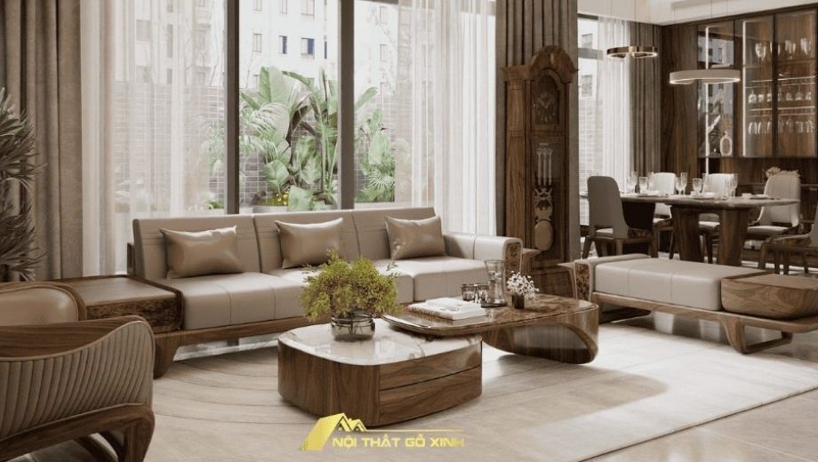 Phòng khách với bàn ăn gỗ óc chó bo tròn 