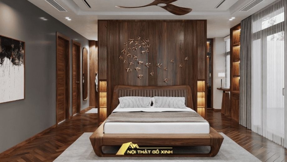 Phòng ngủ gỗ óc chó màu sắc nhẹ nhàng ấm áp 