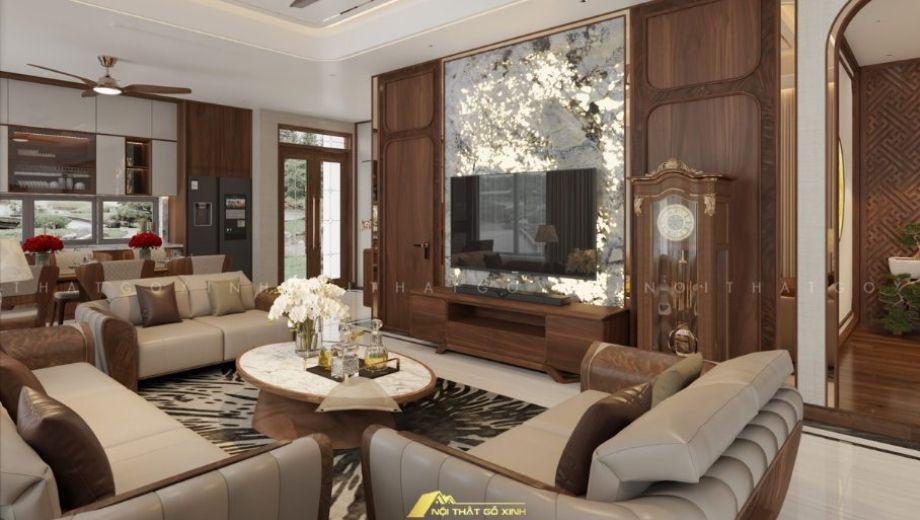 Sự cân đối hài hòa trong phòng khách với nội thất gỗ óc chó 