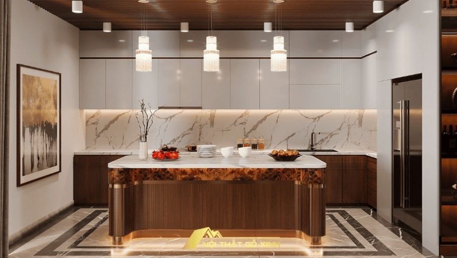 Tủ bếp gỗ óc chó kết hợp kem trắng và ánh kim tạo cảm giác sang trọng 
