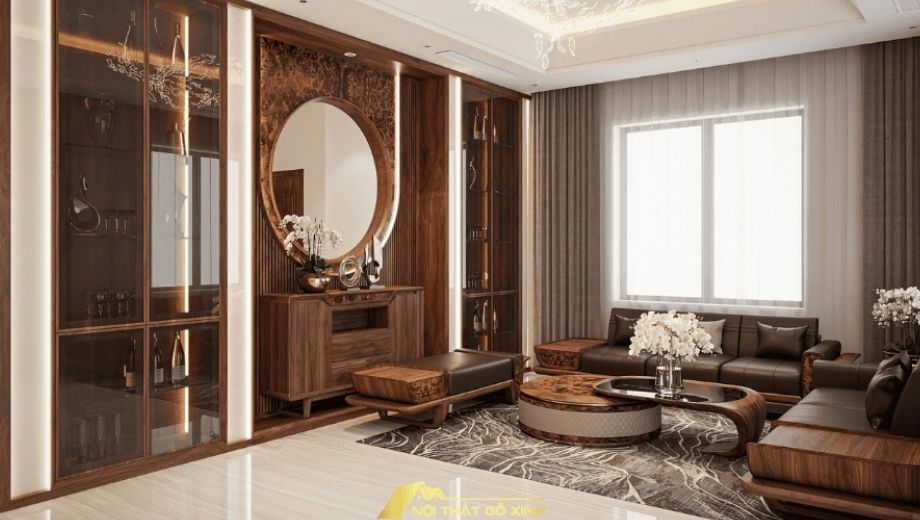 Tủ gỗ óc chó trung bày tượng hổ, rồng 