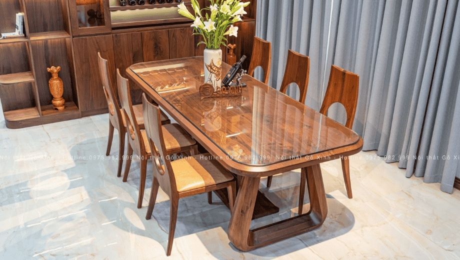 bộ bàn ăn gỗ óc chó thiết kế chuẩn