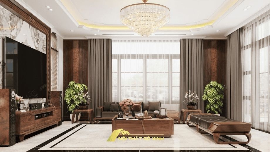 Cây xanh kết hợp với nội thất gỗ óc chó 