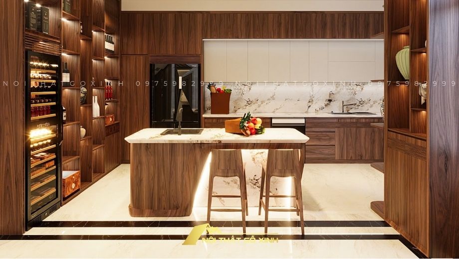 Hệ tủ bếp kết hợp với mặt đá tự nhiên 