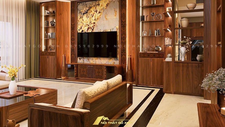Phòng khách nội thất gỗ óc chó 