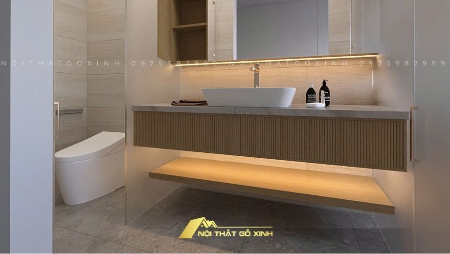 Phòng tắm với nội thất gỗ óc chó 