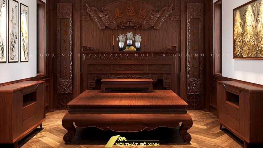 Phòng thờ với nội thất gỗ óc chó trang nghiêm ấm cúng 