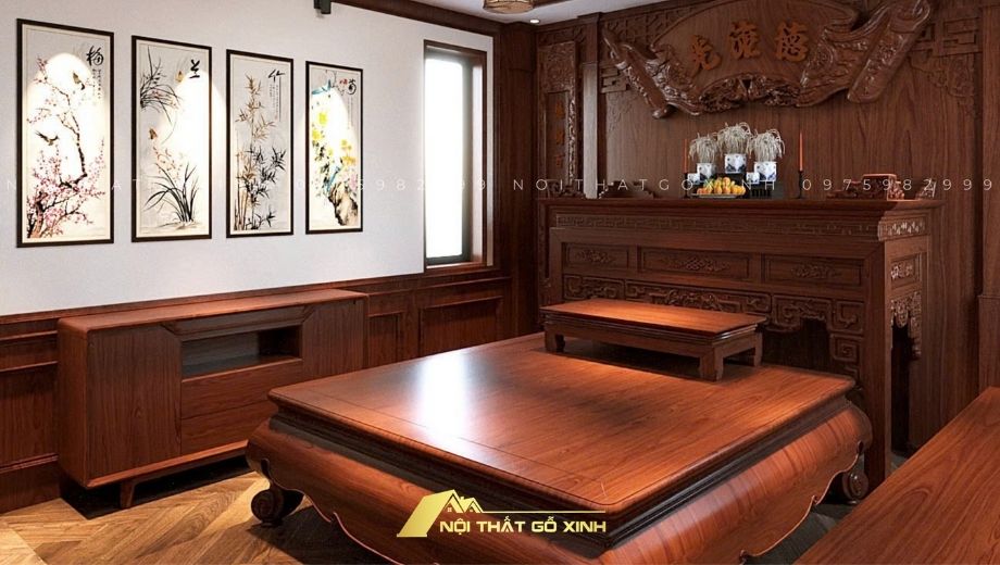 Thiết kế nội thất gỗ óc chó cho không gian phòng thờ 