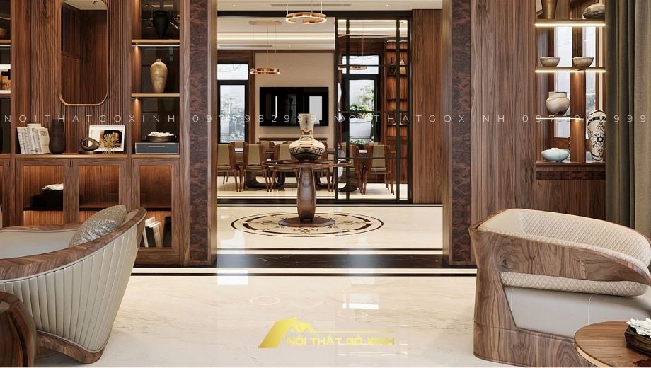 Thiết kế nội thất phòng khách gỗ óc chó 