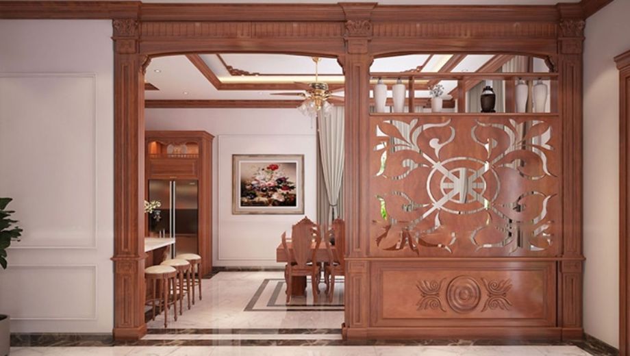 Vách ngăn với tone gỗ chủ đạo