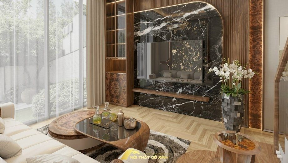 Không gian phòng khách căn hộ gỗ óc chó