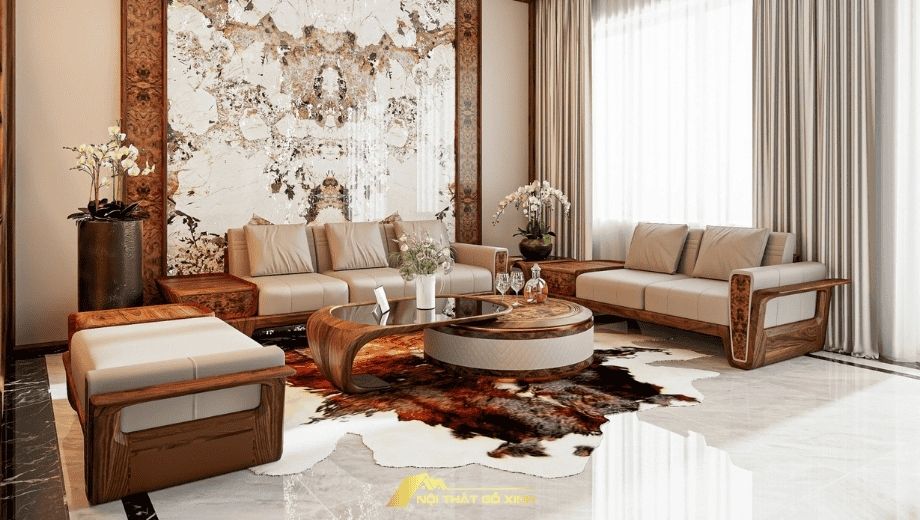 Không gian phòng khách nội thất gỗ óc chó