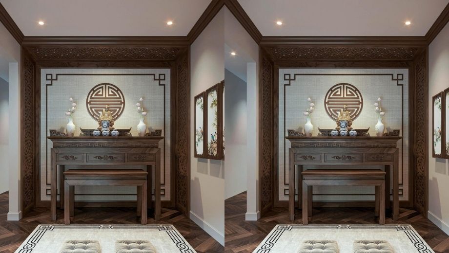 Màu sắc và ánh sáng trong phòng thờ chung cư gỗ óc chó