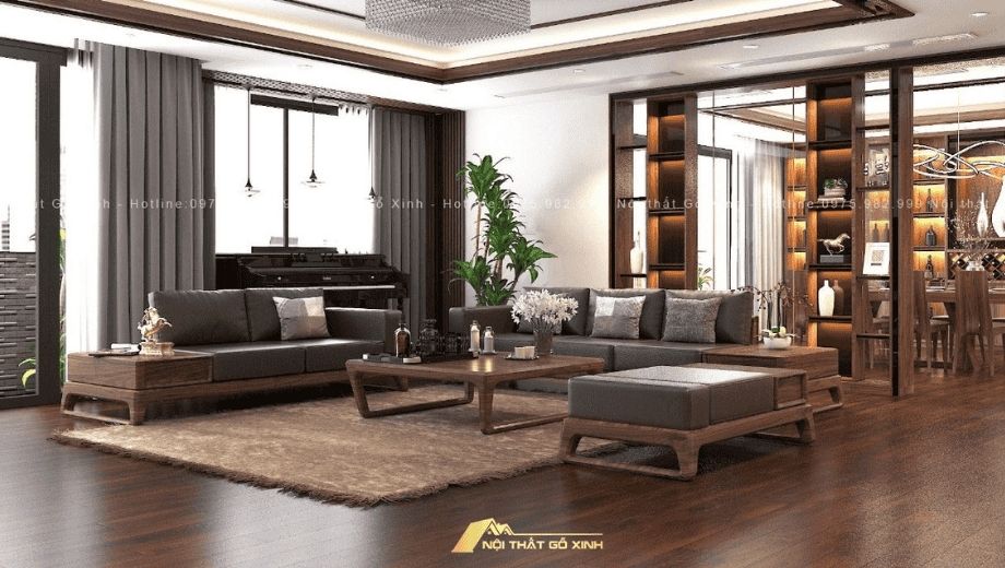 Sofa gỗ kết hợp đệm nỉ màu trung tính